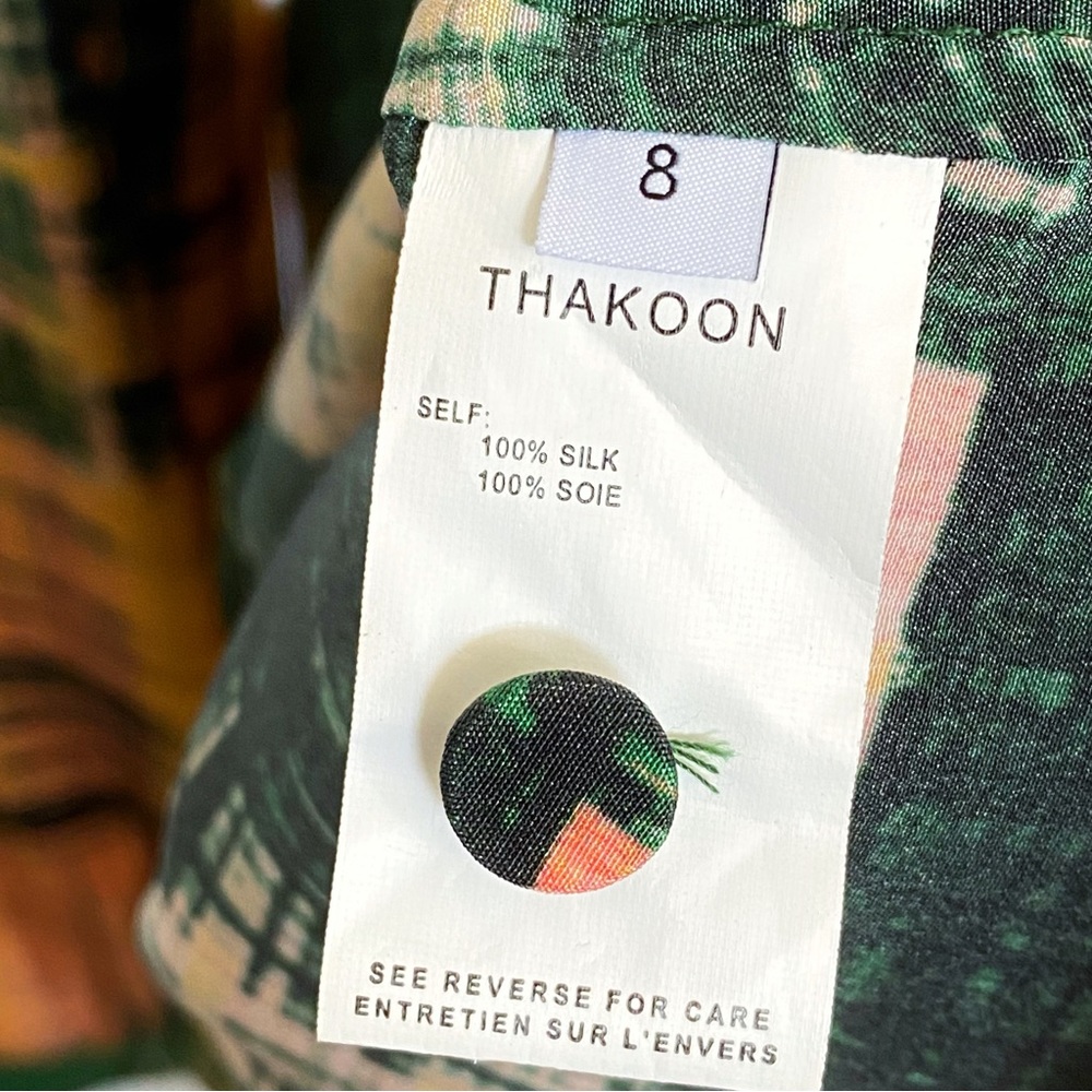 THAKOON yellow peach green print silk button down neck v-neck long sleeve top - Picture 9 of 11